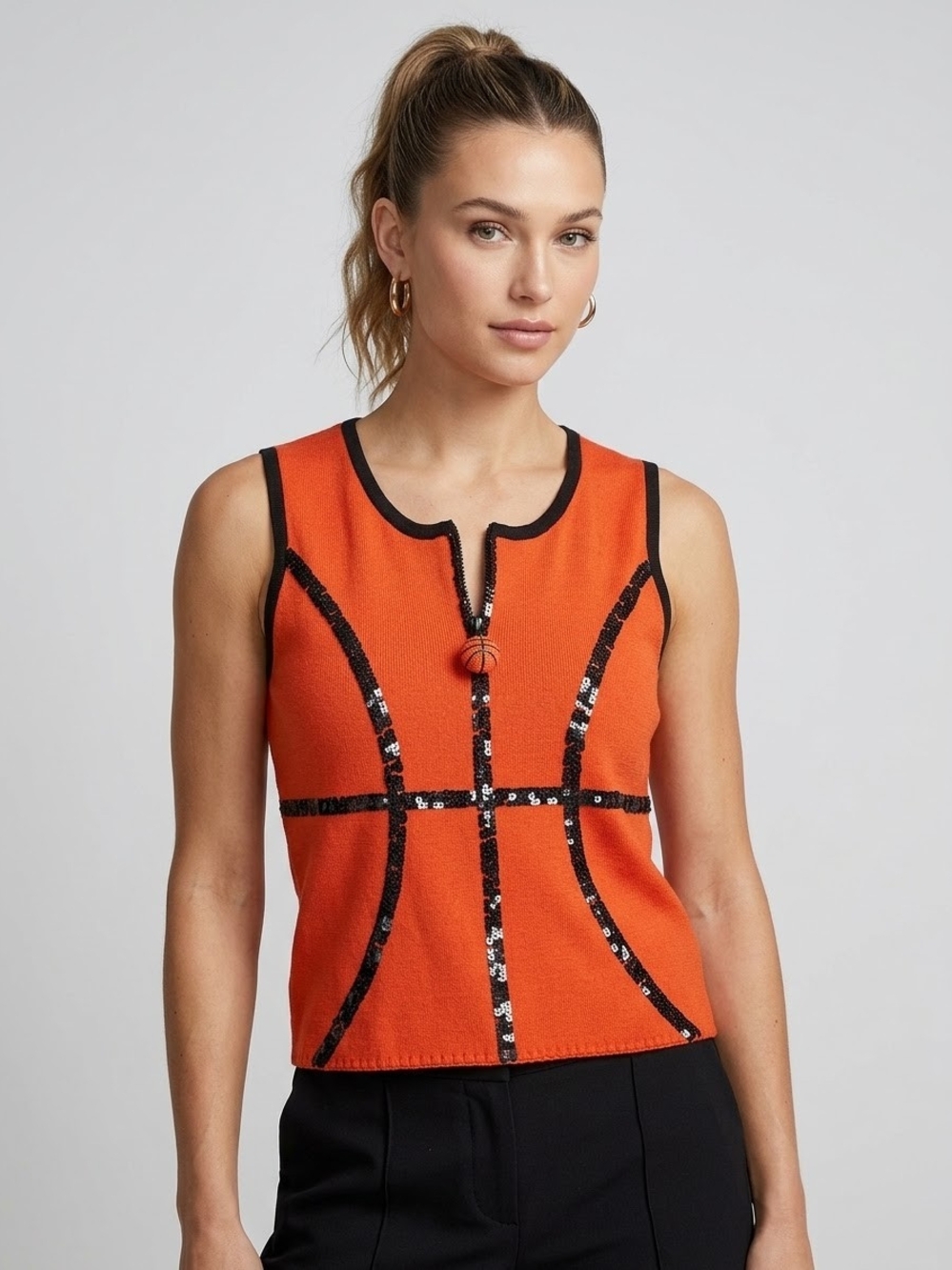 Women's Orange Sleeveless Basketball-Inspired Knit Top